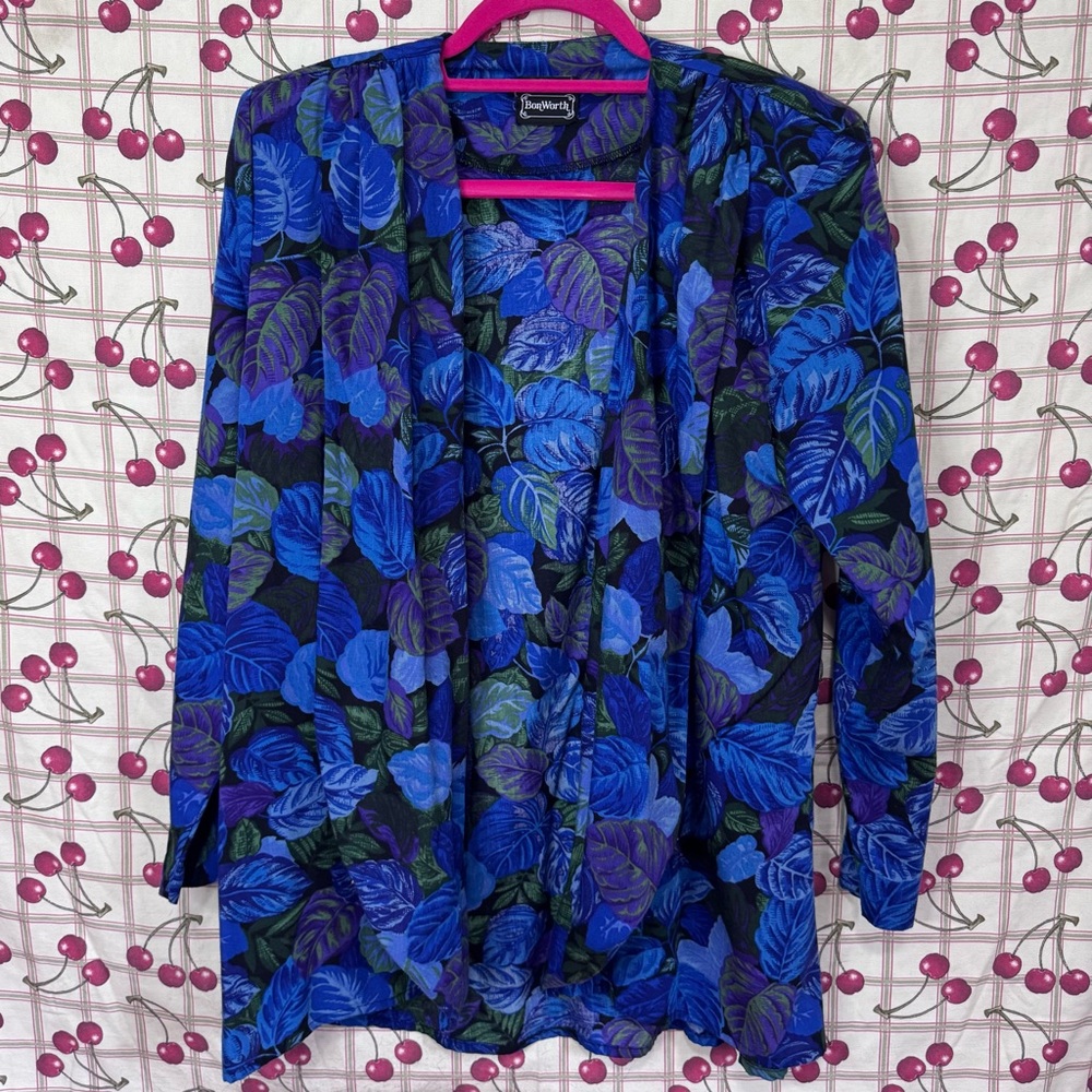 Vintage BonWorth Vibrant Blue and Purple Leaf Pattern Top